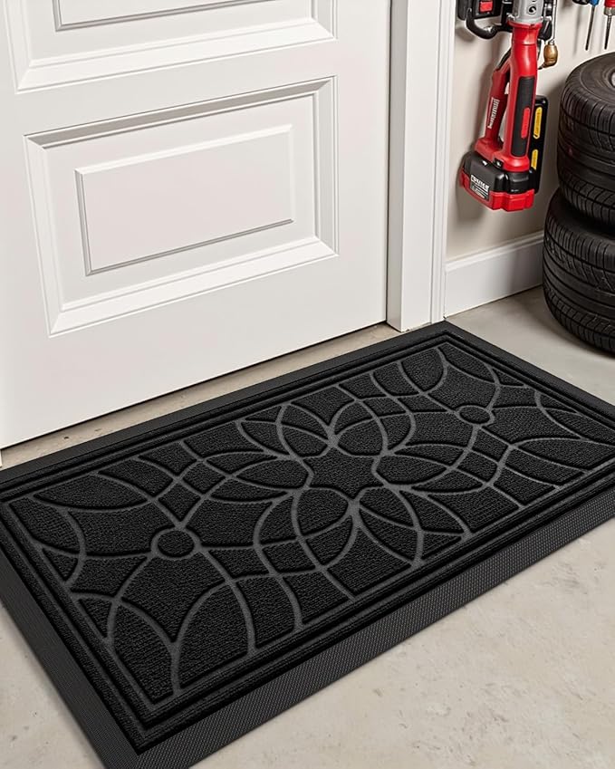 DEXI Front Door Mat Outside Entrance, Heavy Duty Non Slip Low Profile Doormat for Entryway, Trap Dirt and Moisture Welcome Mats, Easy Clean, Patio, Garage, 4x2, Black