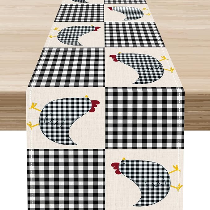 Farmhouse Rooster Table Runner, Rustic Farm Chicken Black White Plaid Buffalo Retro Coffee Table Center Decor for Home Kitchen Dining Patio Party Indoor Outdoor Table Decorations, 13" X 108"