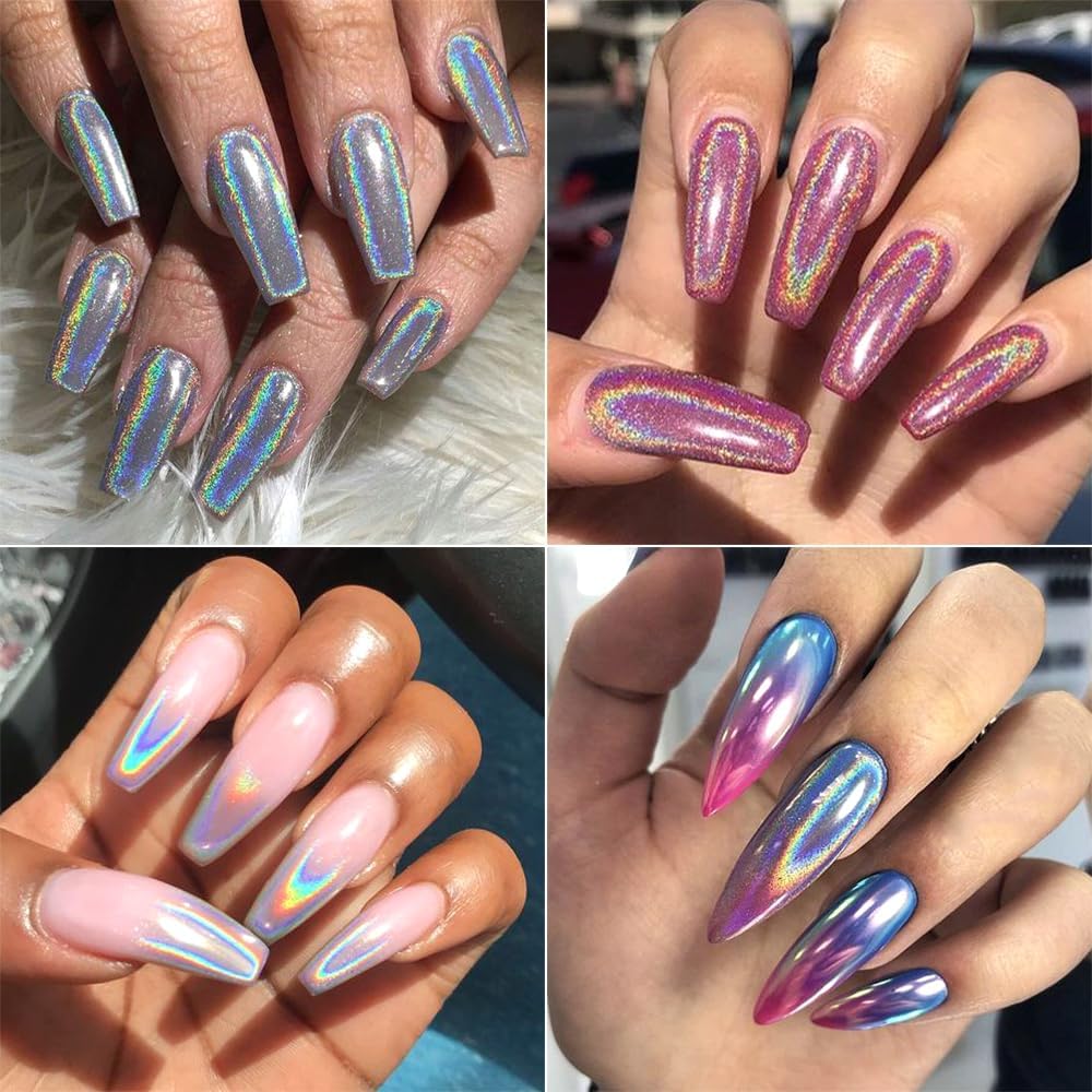10 Colors Holographic Nail Powder, Holo Aurora Iridescent Metallic Mirror Laser Effect Chrome Pigment Glitter Dust for Salon Home Nail Art DIY Decorations