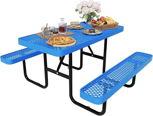 4FT Rectangular Metal Picnic Table for Outdoors, Commercial Steel Metal Picnic Tables, Heavy Duty Sturdy Picnic Tables Furniture Set for Patio Garden Courtyard BBQ, with Umbrella Hole, Blue