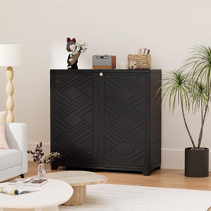 HOMSPARK Indoor/Outdoor Storage Cabinet with Doors and 1 Shelf, 34”x15”x34” HDPE Plastic Storage Box for Bedroom, Bathroom, Living Room, Balcony, Multi-Purpose for Daily Tools, Black