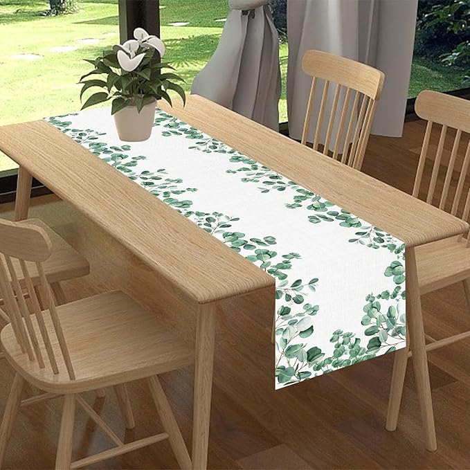 Farmhouse Table Runner, Green Eucalyptus Spring Summer Seasonal Plants Rustic Country Cafe Coffee Table Center Decor for Home Kitchen Dining Patio Indoor Outdoor Table Decorations, 13"x108" Inch