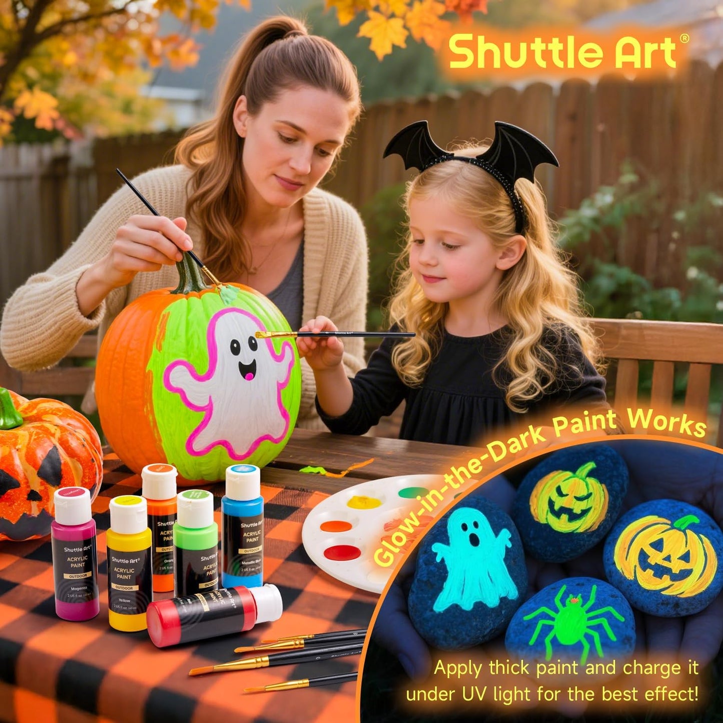 Shuttle Art Outdoor Acrylic Paint Set, 36 Colors 2oz/60ml Waterproof Acrylic Paint with 10 Brushes 1 Palette, Rich Pigmented Paints for Artists, Beginners on Rocks, Wood Crafts, Garden Statues