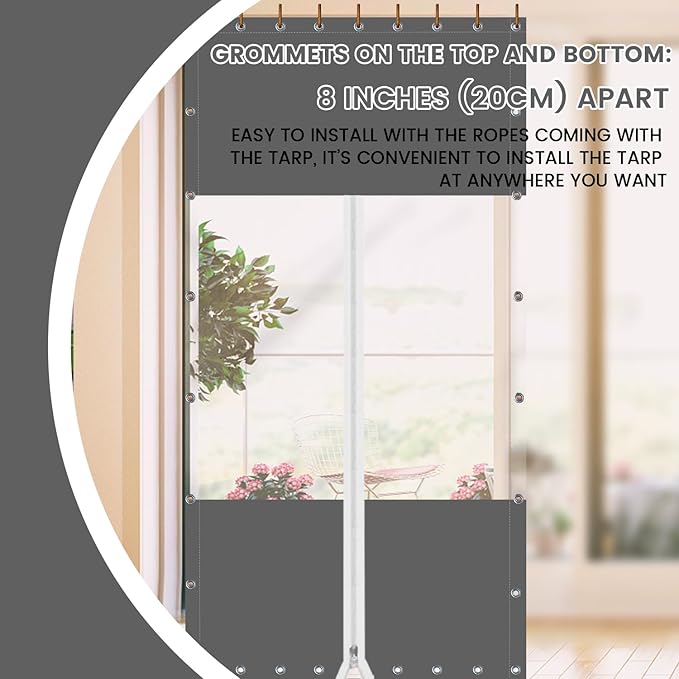20 Oz Outdoor Vinyl Curtain with Double Sided Zip, Outdoor Clear Panel Curtain, Weather Resistant Outdoor Curtain for Pergola, Porch, Gazebos, with Rustproof Grommets (8'H x 7'W, Dark Gray)