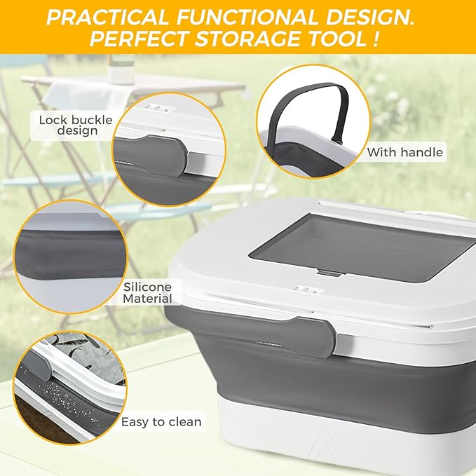 Picnic Basket for 2 Person, Foldable Bucket with Lid and Handles, Portable Outdoor Storage Bucket, 18 Liters, Ideal for Camping、Outdoors and Car Trunks (White)