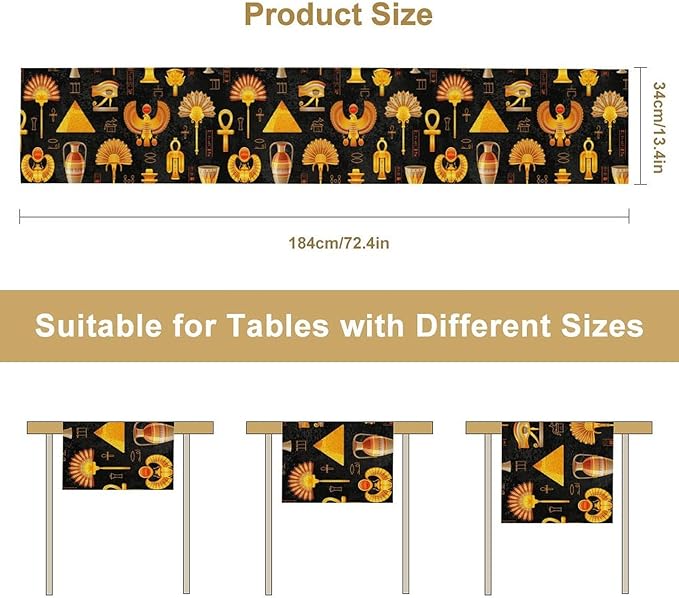 Egyptian Table Runner, Retro Egypt Mural Old Hieroglyphic Elements Ancient Mythology Hieroglyph Symbol Printed Kitchen Dining Table Runner for Kitchen Living Room Home Party 13x70in