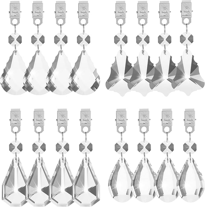 16 PCS Table Cloth Weights, Crystal Tablecloth Hangers with Metal Clips, Glass Heavy Duty Teardrop Tablecloth Hooks for Party Decorations, Outdoor Picnics, Family Dinners, Party Scene, (Clear)