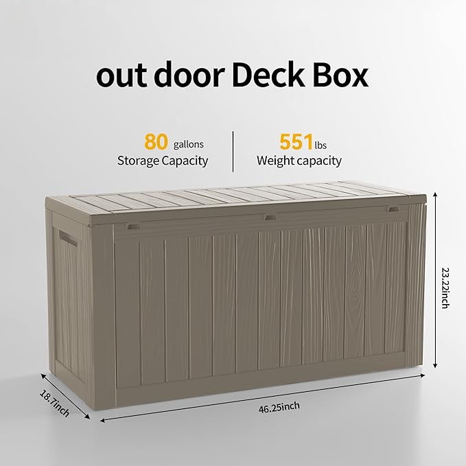 80 Gallon Resin Deck Box, Waterproof Outdoor Storage Box for Patio Furniture, Garden Tools, and Pool Accessories, Lockable UV-Resistant Storage Bin Bench Cabinet for Outside, Grey