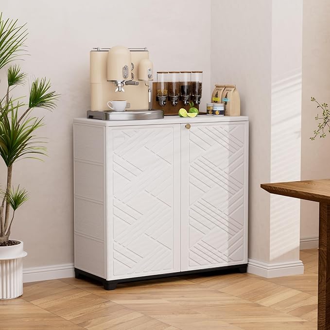 Outdoor/Indoor Storage Box,Resin and Plastic Storage Cabinet Waterproof,Outdoor Cabinet for Patio/Garden/Balcony/Backyard/All Room (with 2 Shelves)-White