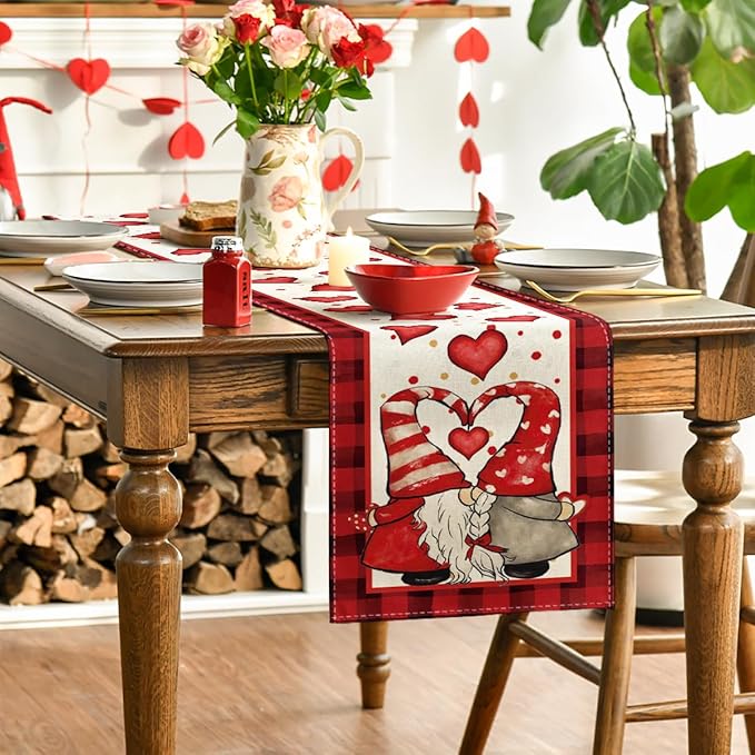 Artoid Mode Red Watercolor Hearts Gnomes Love Valentine's Table Runner, Seasonal Anniversary Wedding HoliKitchen Dining Table Decoration for Indoor Outdoor Home Decor 13x48 Inch