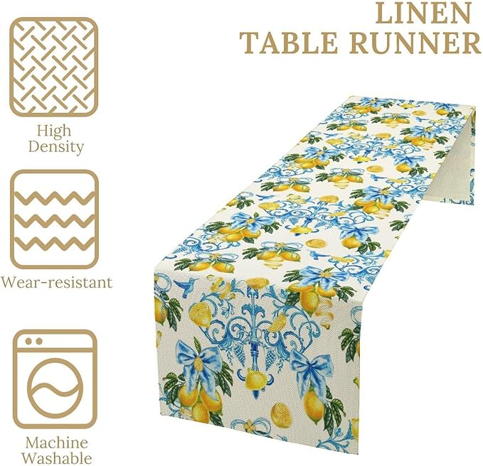 Lemon Table Runner, Summer Hummingbirds Flower Bows Print Table Runner for Farmhouse Coffee Home Kitchen Dining Outdoor Party 13x70in