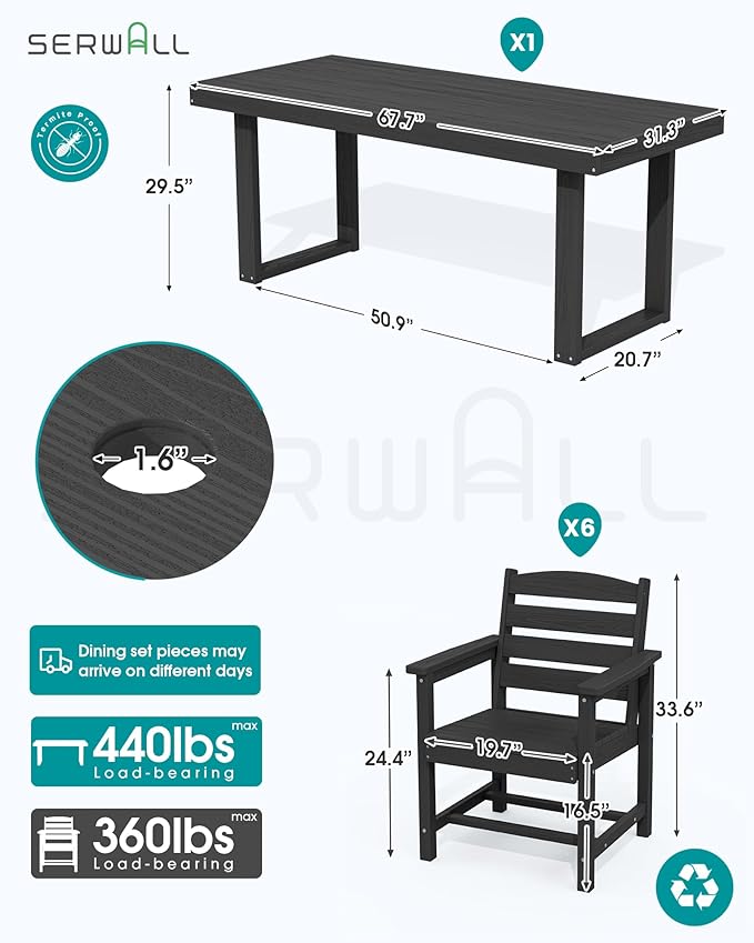 SERWALL HDPE Outdoor Dining Set for 6, 67'' All Weather Patio Dining Table and Chairs Set for Deck, Lawn, Black