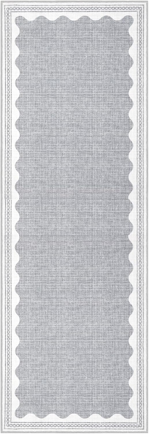 Scalloped Rug 2.5x8 Runners for Hallways, Solid Grey Runner Rugs Non Slip Scalloped Bath Runner, Washable Mat for Bedroom Girls, Rugs for Kitchen Floor Soft Dorm Nursery Carpet for Bedside