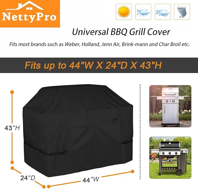 NettyPro Grill Cover for Outdoor Grill 44 inch Waterproof Heavy Duty Gas BBQ Cover for Outside Weber, Char-Broil, Brinkmann, Jenn Air, Nexgrill 2 Burner Barbecue, Black