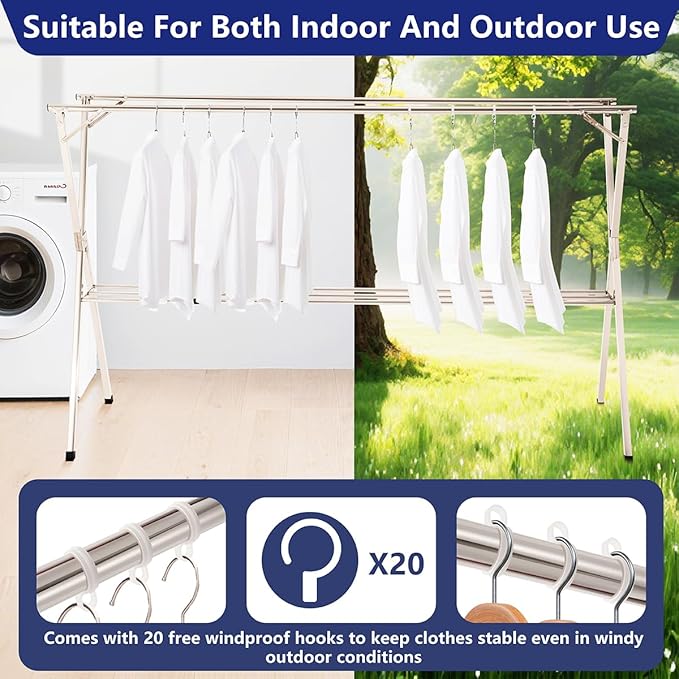 95 inches Foldable Clothes Drying Rack, Heavy Duty Stainless Steel Laundry Drying Rack for Indoor Outdoor, Clothes Rack Adjustable Length. 3 Additional Reinforcement Bars with 20 Windproof Hooks