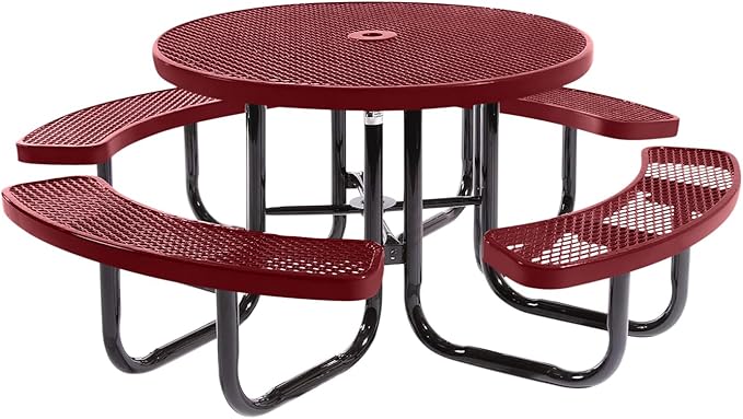 COATEDOUTDOORFURNITURE Heavy-Duty Portable Outdoor Picnic Table with Umbrella Hole, Expanded Metal Commercial-Grade Patio Dining Furniture Made in America (46" Round Top, Burgundy)