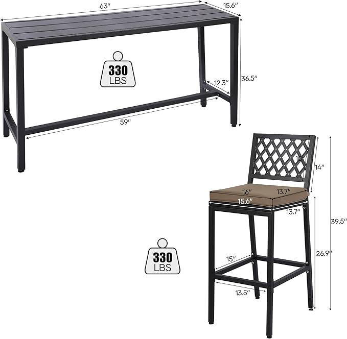 Outdoor Patio Bar Set, Bar Height Patio Dining Set, Weather-Resistant Bistro Counter Pub Set with Cushions & Slatted Tabletop for Backyard, Garden, Yard (63" Table, 6 "X Style Stool, Black)