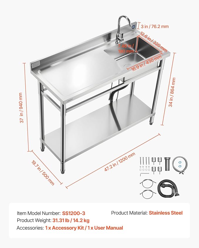 VEVOR Stainless Steel Utility Sink, Free Standing Single Bowl Commercial Kitchen Sink with Faucet, Utility Left Basin Workbench with Hot & Cold Water Pipe for Garage Restaurant Laundry, 47x19.7x37 in