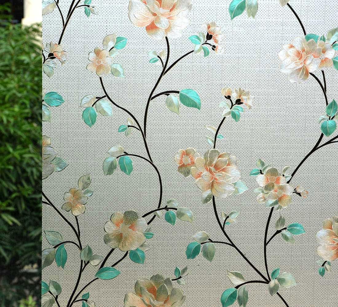 VSUDO Static Cling Decorative Window Privacy Film – Frosted Privacy Window Film with Jasmine Floral & Stained Glass Design, Adhesive-Free Tint for Home, Bathroom & Office (35.4" x 157.5")