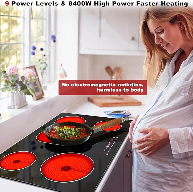 Noxton 30 Inch Electric Cooktop, 8400W 5 Burners Built-in Radiant Electric Stove Top, Slider Control, 9 Power Levels, Child Safety Lock, Timer, 220-240V