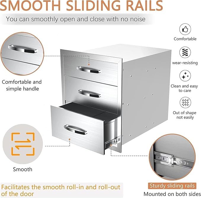 Outdoor Kitchen Drawers, Flush Mount Triple Access BBQ Drawers With Stainless Steel Handle, BBQ Island For BBQ Island Patio Grill Station,Three Drawers