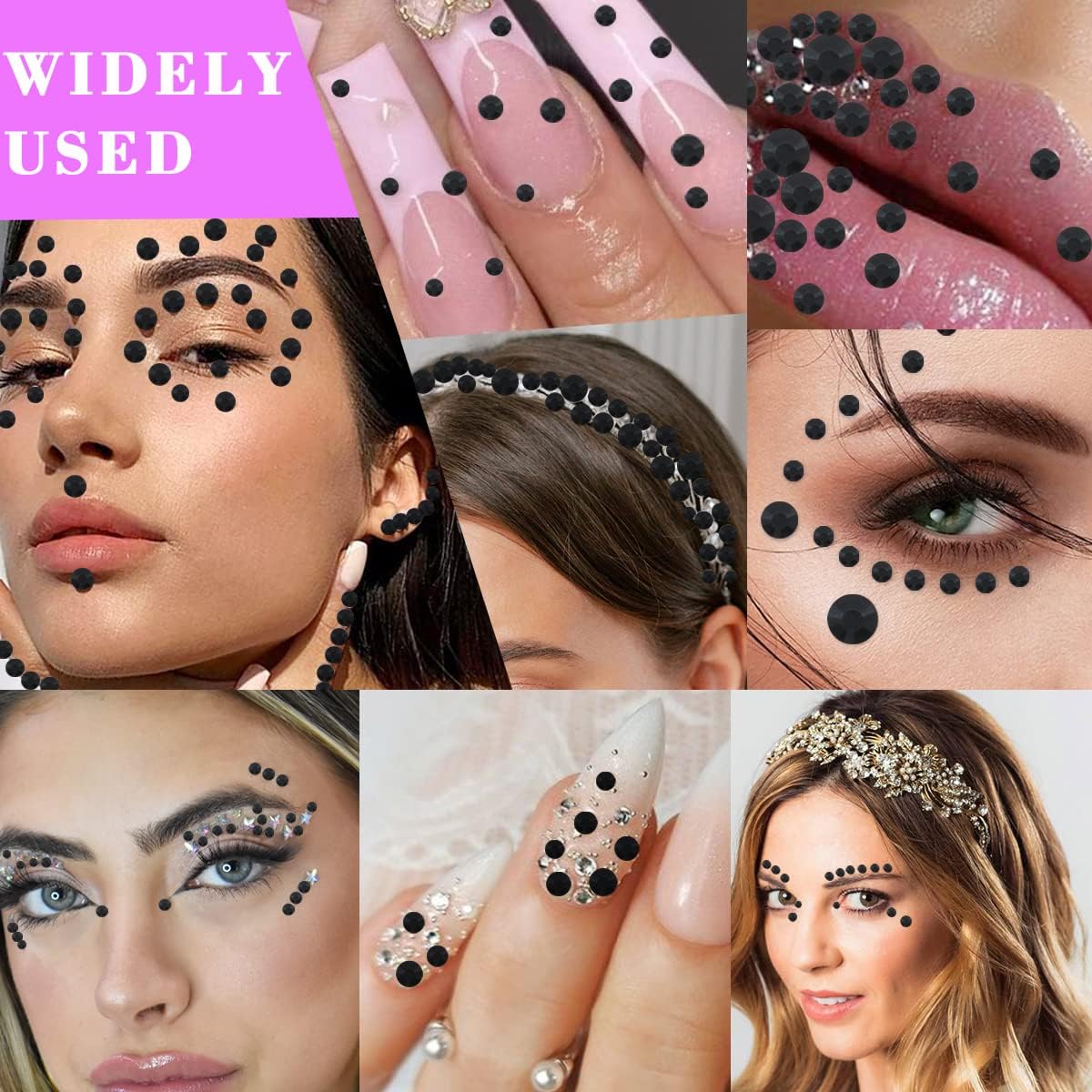 1799pcs Self Adhesive Face Gems Stickers, Hair Gems Rhinestones Stickers, Bling Jewels for Makeup, Crafts, Home Decor Scrapbooking Embellishments, 4 Sizes 3mm/4mm/5mm/6mm(Black Rhinestones)