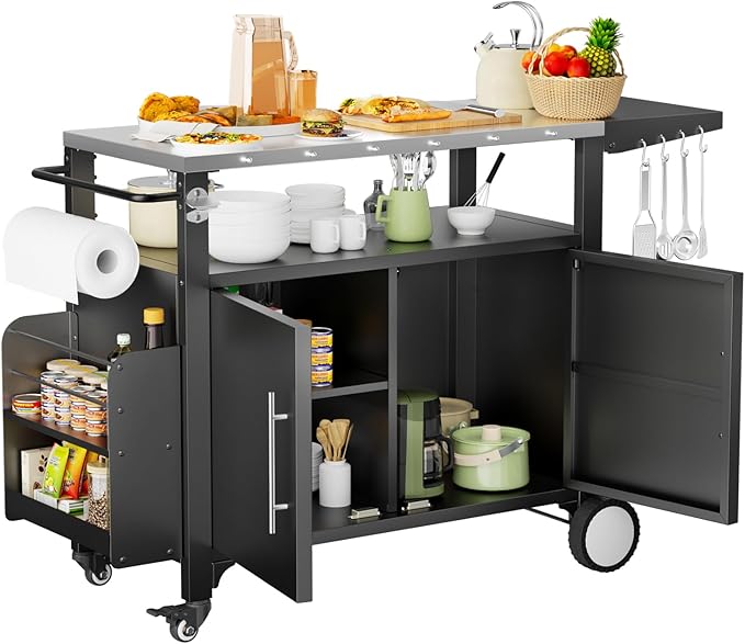 ROOMTEC Outdoor Grill Cart with Storage,Patio Kitchen Island with WheelsHooks and Spice Rack,Waterproof Outdoor Grill Table,Movable BBQ Serving Cart Rolling Bar Cart for Home Party Bar