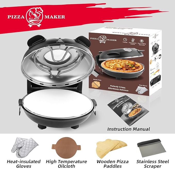 KLAIF 12" Electric Countertop Pizza Oven Indoor With Ceramic Stone, Dual Adjustable Temperature Controls, Includes 4 Pizza Tools, LMC-Black