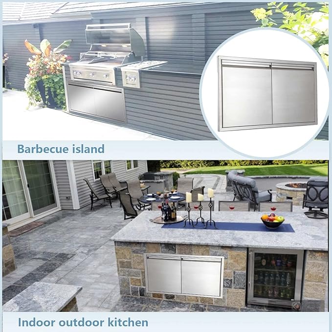 Outdoor Kitchen Door 36" W x 21" H inch Stainless Steel BBQ Double Doors Flush Mount for Outdoor Kitchen Island（Double Wall Door Panel ）