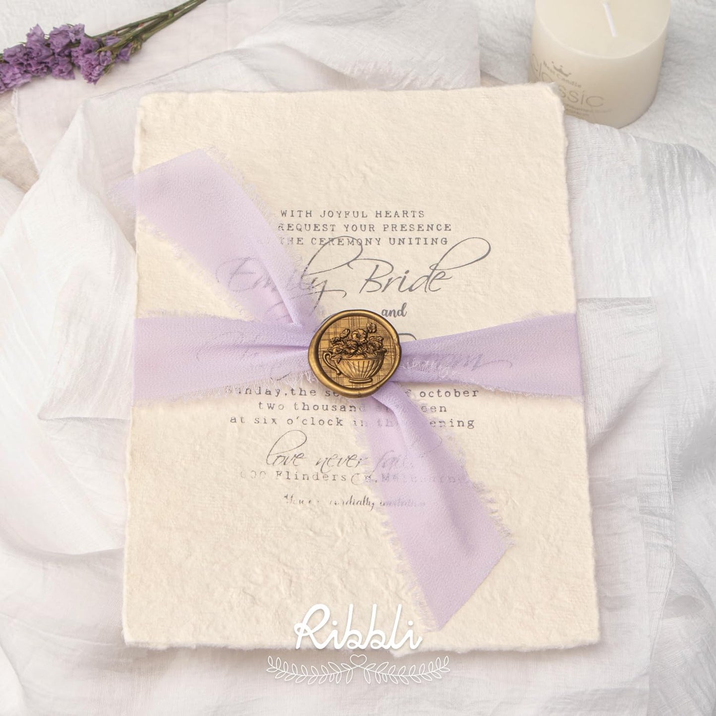 Ribbli Lavender Chiffon Silk Ribbon, 1-1/2 inch x 20 Yard, Handmade Fringe, Light Purple for Wedding Invitations, Bridal Bouquets, Flower Arrangement Decoration