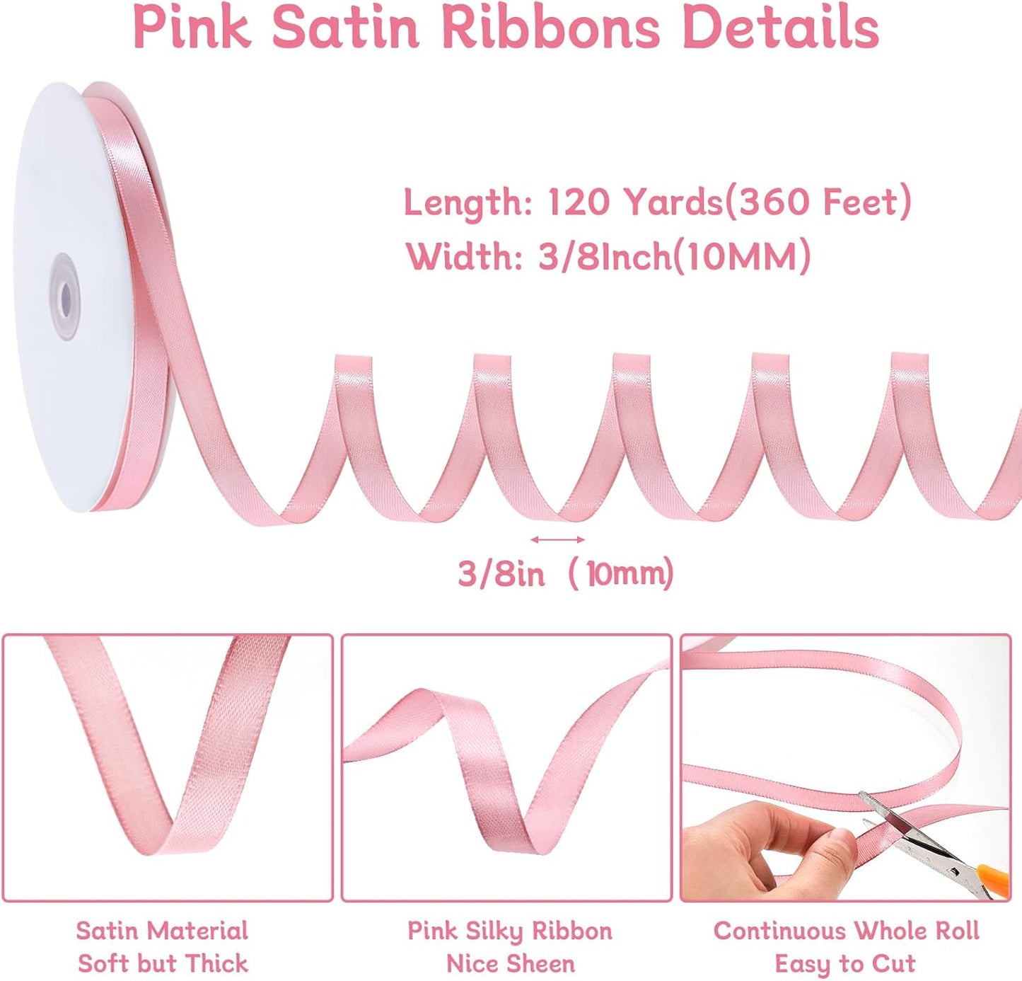 120 Yards Pink Ribbon 3/8 Inch Craft Thin Satin Ribbons for Cake Bows Lei Hair Scrapbook Gift Wrapping Wedding Party Card Christmas Decorations