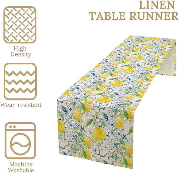 Lemon Table Runner, Summer Fruit Vintage Morocco Blue Tiles Table Runners for Farmhouse Coffee Home Kitchen Dining Party Patio Outdoor 13x70in
