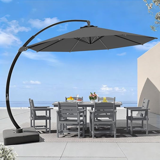 7 Piece Patio Dining Set with 11ft Patio Umbrella (Gray), 7 Gray Outdoor HDPE Dining Set with 6 Chairs + 1 Large Table with 2" Umbrella Hole, for Market, Pool, Garden, Backyard, Deck