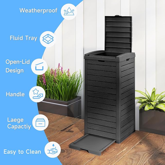 38 Gallon Outdoor Trash Can with Lid, Dual Lid Closure Outdoor Trash Can, Waterproof Resin Garbage Can with Pull-Out Liquid Drawer for Kitchen, Backyard Deck, Patio(Deep Black)