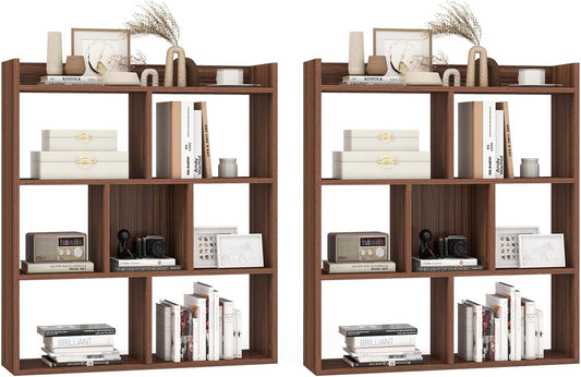 Giantex 7 Cube Bookshelf of 2, Free-Standing Wooden Bookcase, 4 Tier Home Display Shelf, Horizontal Storage Unit w/Anti-Toppling Devices, Open-Back Display Rack for Study, Living Room, Walnut