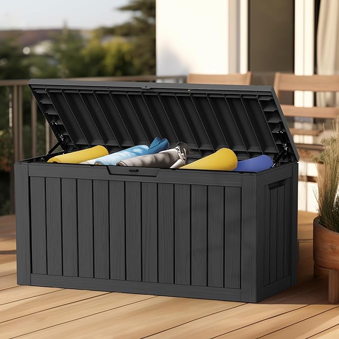 EasyUp 80 Gallon Outdoor Storage Box Waterproof, UV Resistant Resin Deck Box with Hydraulic Rod, Reinforced Stability for Patio, Garden, Striped Black