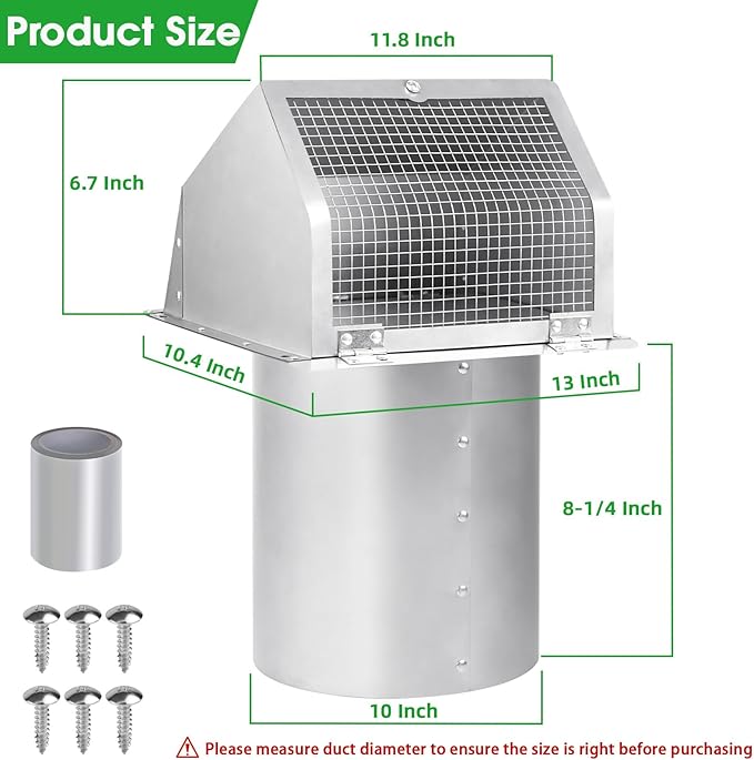 10 Inch Hooded Wall Vent with Screen and Damper, Exterior Wall Exhaust Vent Cover Cap for Kitchen Range Hood Dryer Ventilation and Outdoor Air Exhaust, Stainless Steel