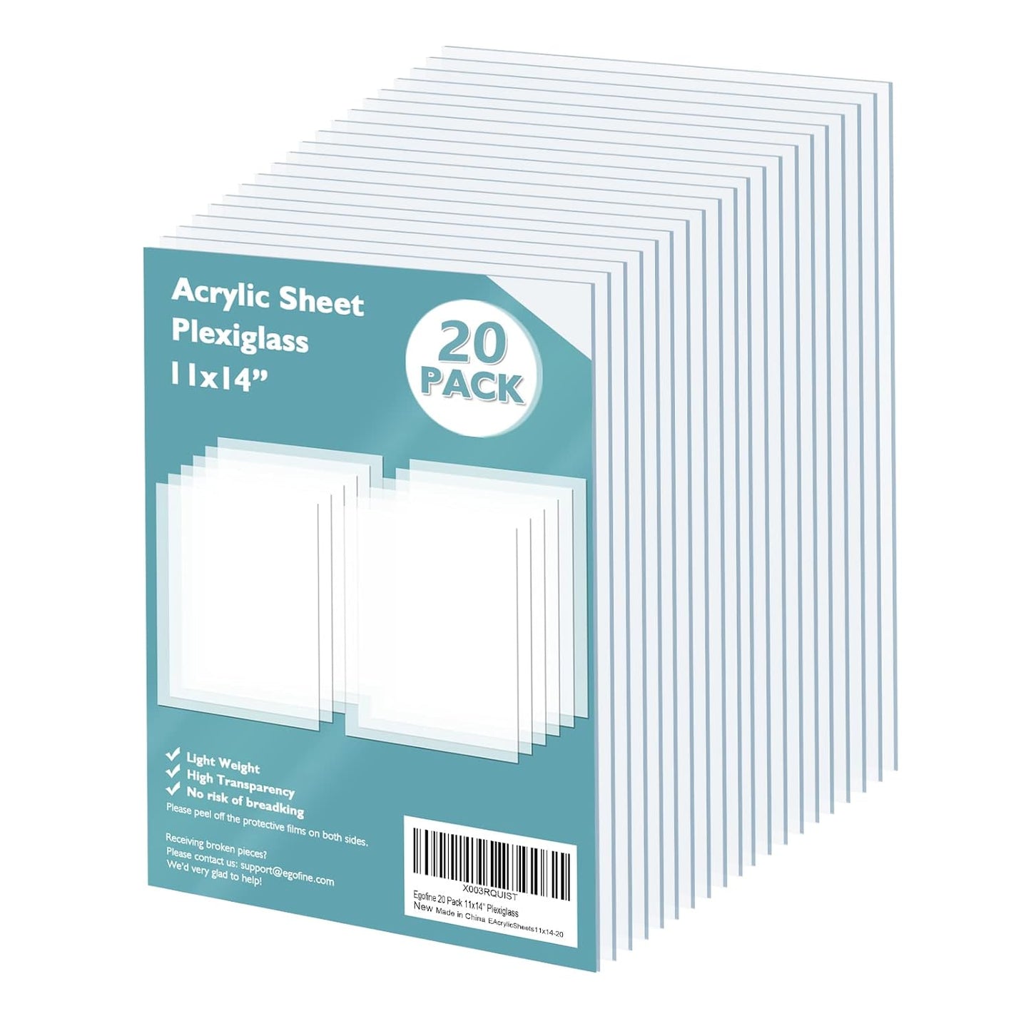 Egofine Plexiglass Sheets Acrylic Sheets 20 Pack of 11x14’’ 0.04 Thick Clear Plastic Cast Transparent Plexi Glass for Crafting Projects, Replacement Picture Frame Glass, DIY Display, Easy to Cut