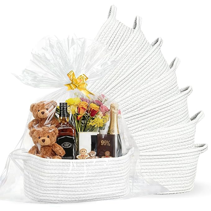 Succwoah 8 Pack Small Woven Baskets with Gift Bags & Ribbons & Cards, Cotton Rope Nursery Storage with Handles, 12"x8"x5", Empty Gift Baskets for Baby Shower, Christmas, Thanksgiving, Organizer (White)