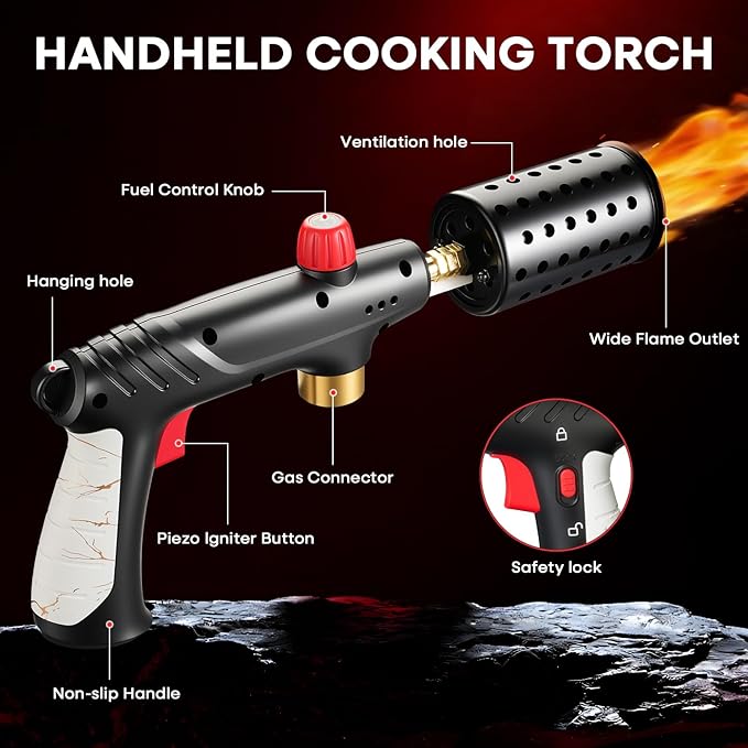 Propane Torch, Cooking Blow Torch Gun with Safety Lock, Charcoal Lighter, Flame Thrower, Kitchen Food Torch Head for Grill, Sous Vide, BBQ (Tank Not Included) (Platinum)