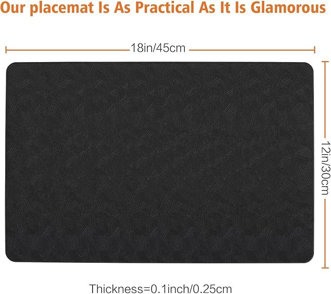 Vinyl Placemats Set of 12 Heat Resistant Easy Clean Non-Slip Place Mats for Dining Table. Faux Leather Waterproof Stain Resistant Wipeable Washable PU Table Mats(12, Black)