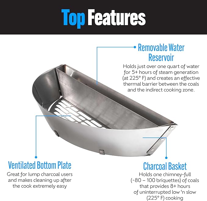 SnS Grills Slow ‘N Sear Charcoal Inserts for Low ‘N Slow & High-Heat Cooking - Patented Stainless Steel Accessories for Weber Summit and Similar Kettle Grills - Low Profile 22"