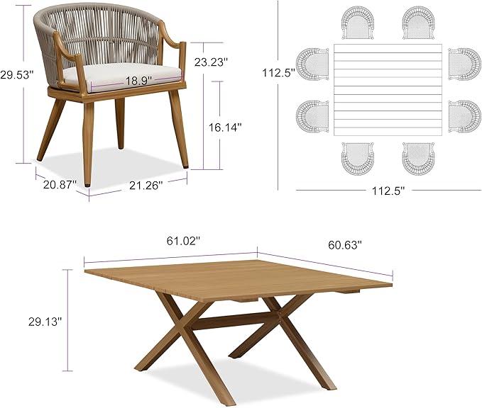 PURPLE LEAF 9 Pieces Outdoor Dining Set All Weather Wicker Patio Dining Set with Square Aluminum Table and Modern Armrest Dining Chairs for Garden Deck Backyard Kitchen, Teak