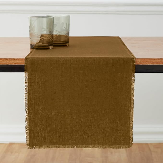 Solino Home Fringe Linen Table Runner 108 Inches Long - 100% Pure Linen Toffee Brown Dining Table Runner 14 x 108 Inch - Handcrafted and Machine Washable