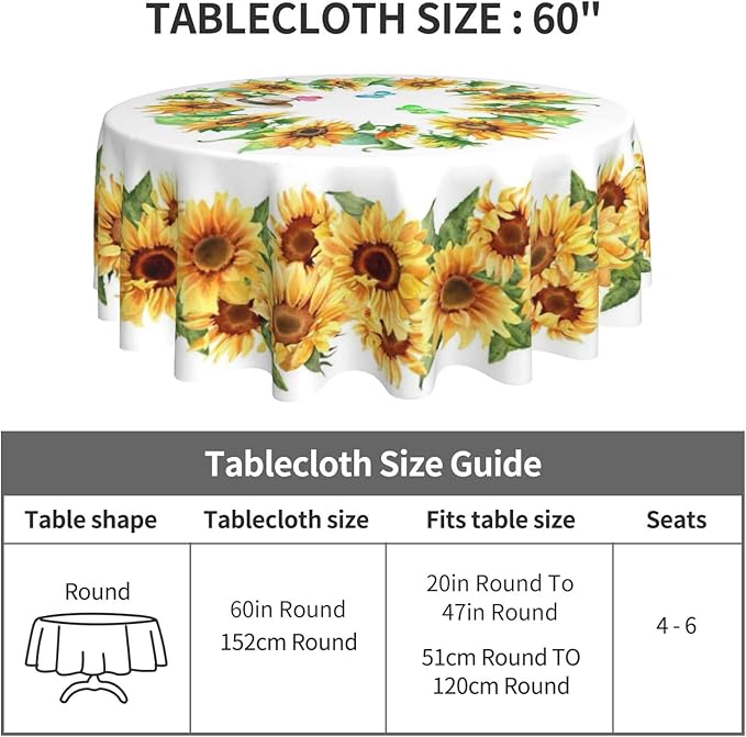 Sunflower's Round Tablecloth Sunflower Tablecloth 60 Inch Waterproof Rustic Table Cloth Fabric Farmhouse Stripe Decorative for Picnic Party Holiday Home Indoor Outdoor
