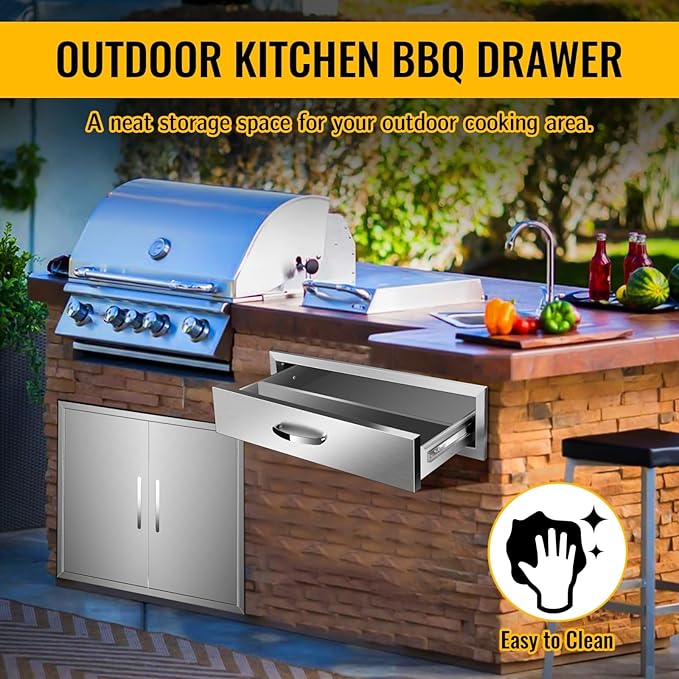 Outdoor Kitchen Drawers, Box Frame Style Flush Mount BBQ Drawer w/Stainless Steel Handle, BBQ Island Drawers For Patio Grill Station,Single Drawer