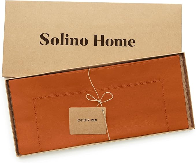 Solino Home Cotton Linen Cinnamon Table Runner 108 Inches Long - Hemstitch 14 x 108 Inch Table Runner - Handcrafted and Machine Washable