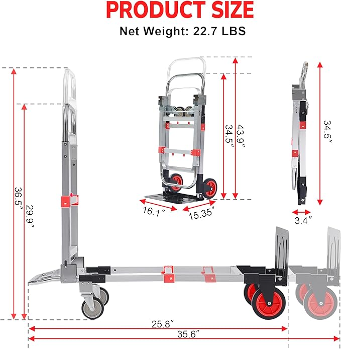 Upgraded 3 in 1 Aluminum Folding Hand Truck, 600lbs Capacity, Heavy Duty Convertible Dolly with Retractable Handle and 4 Rubber Wheels, Collapsible Cart for Moving Home, Office, Warehouse (Red)