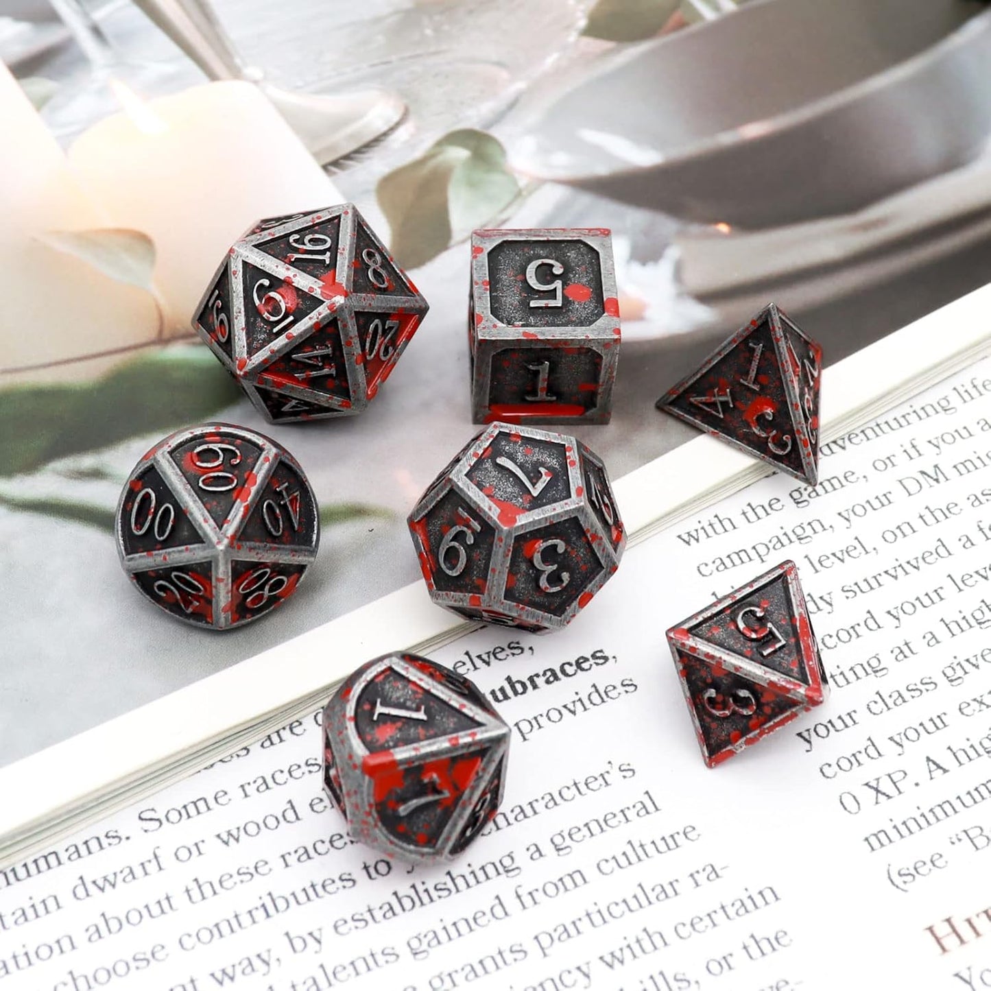 Haxtec Bloodstained Metal DND Dice Set Blood Polyhedral D&D Dice Compatible with Dungeons and Dragons Gift TTRPG Antique Metal Halloween Dice