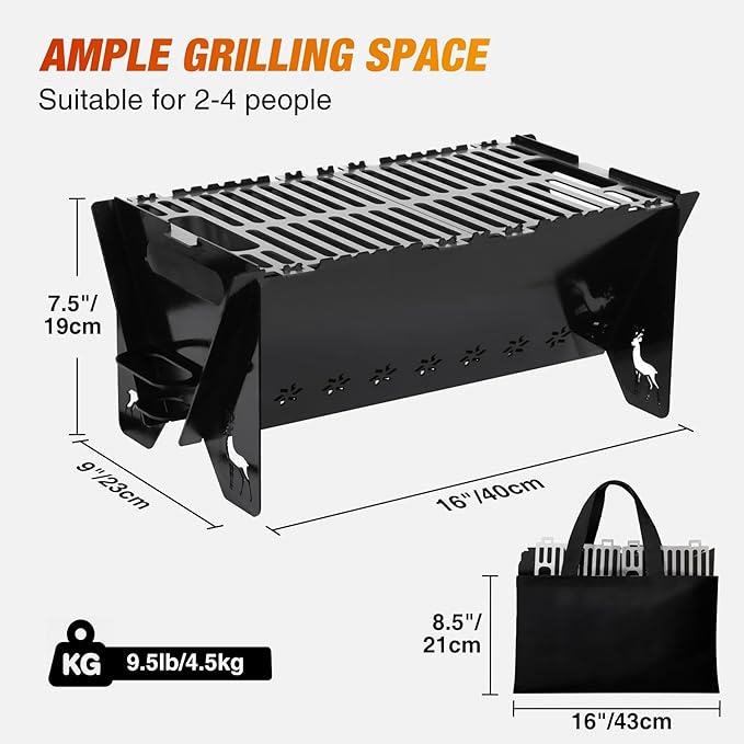 Lineslife 16 Inch Portable Camping Campfire Grill, Heavy Duty Charcoal BBQ Grill FirePit Grills with Stainless Steel Cooking Grate and Carry Bag for Outdoor Camping Backyard Party Cooking